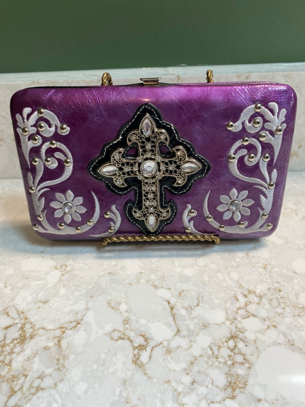 Purple Embellished Cross Clutch with Silver Accents